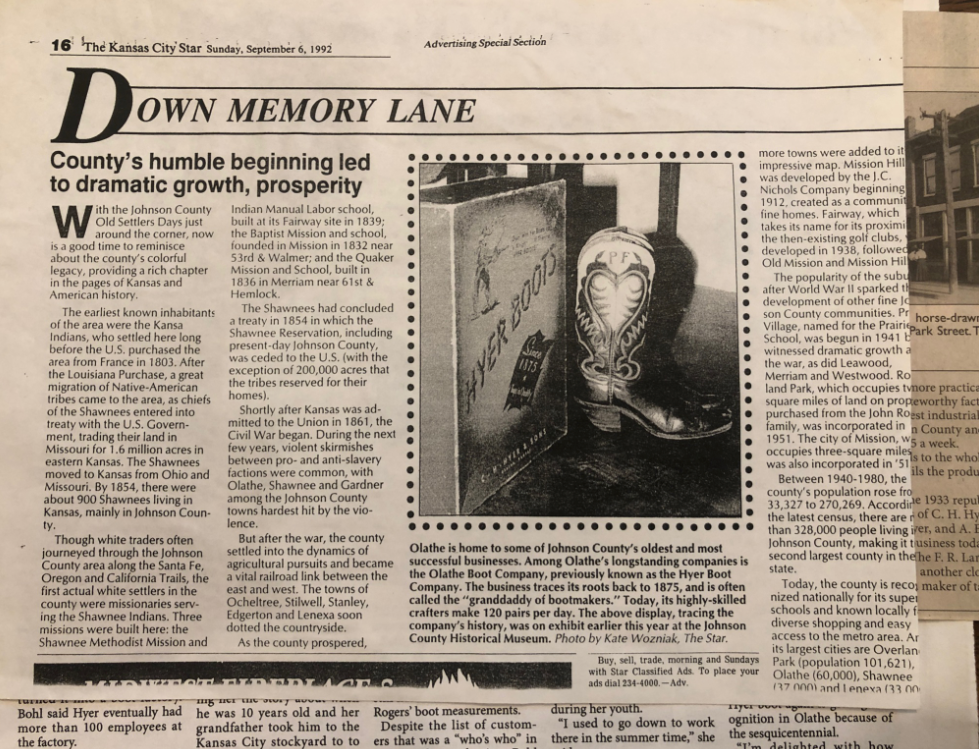 Newspaper clipping about HYER boots
