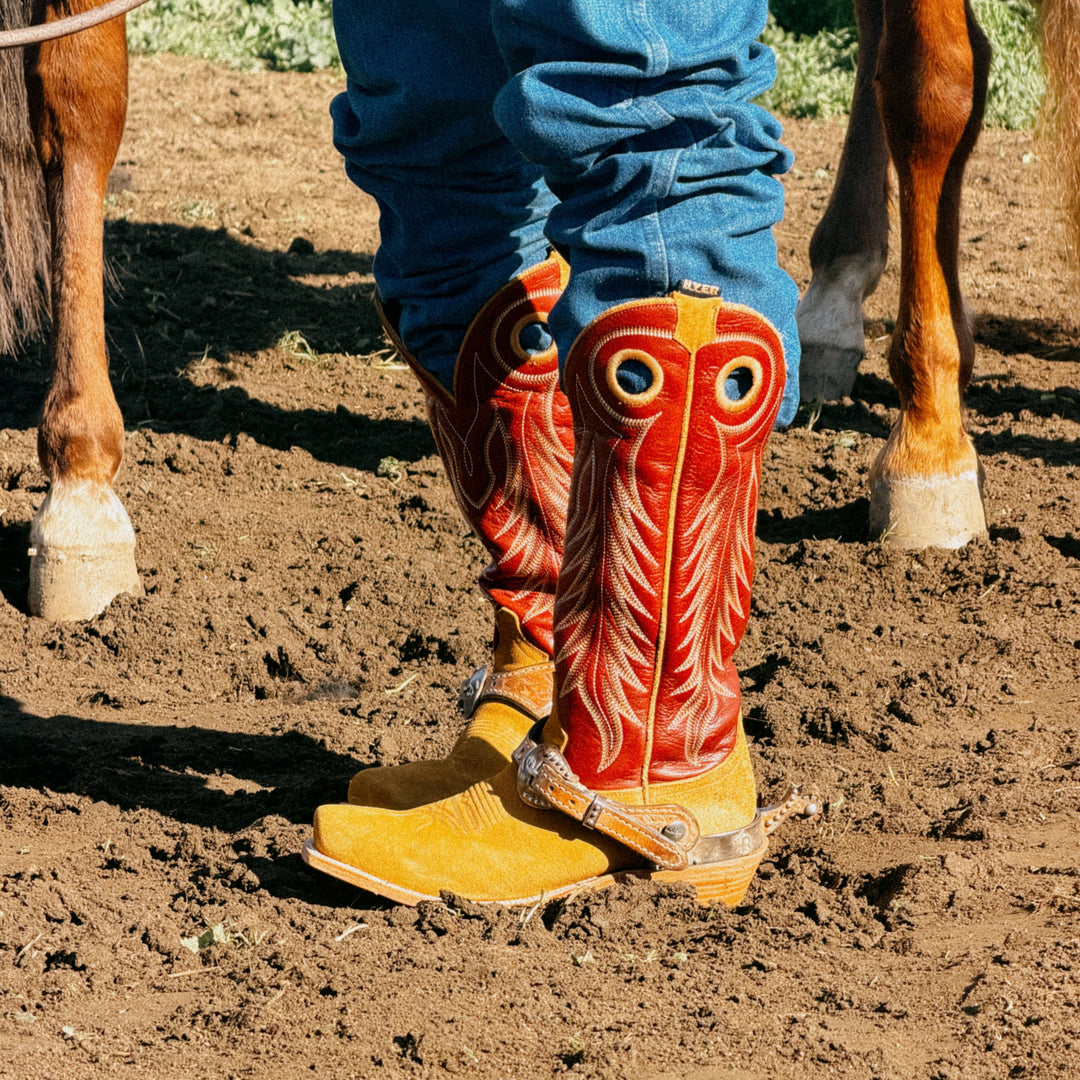 A close-up of a person's legs wearing bright red and tan embroidered cowboy boots with blue jeans, standing in a dirt paddock with parts of two horses visible on both sides.