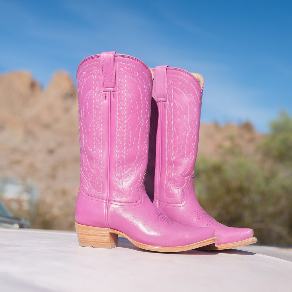 Pink cowboy boots on a surface with a desert landscape in the background