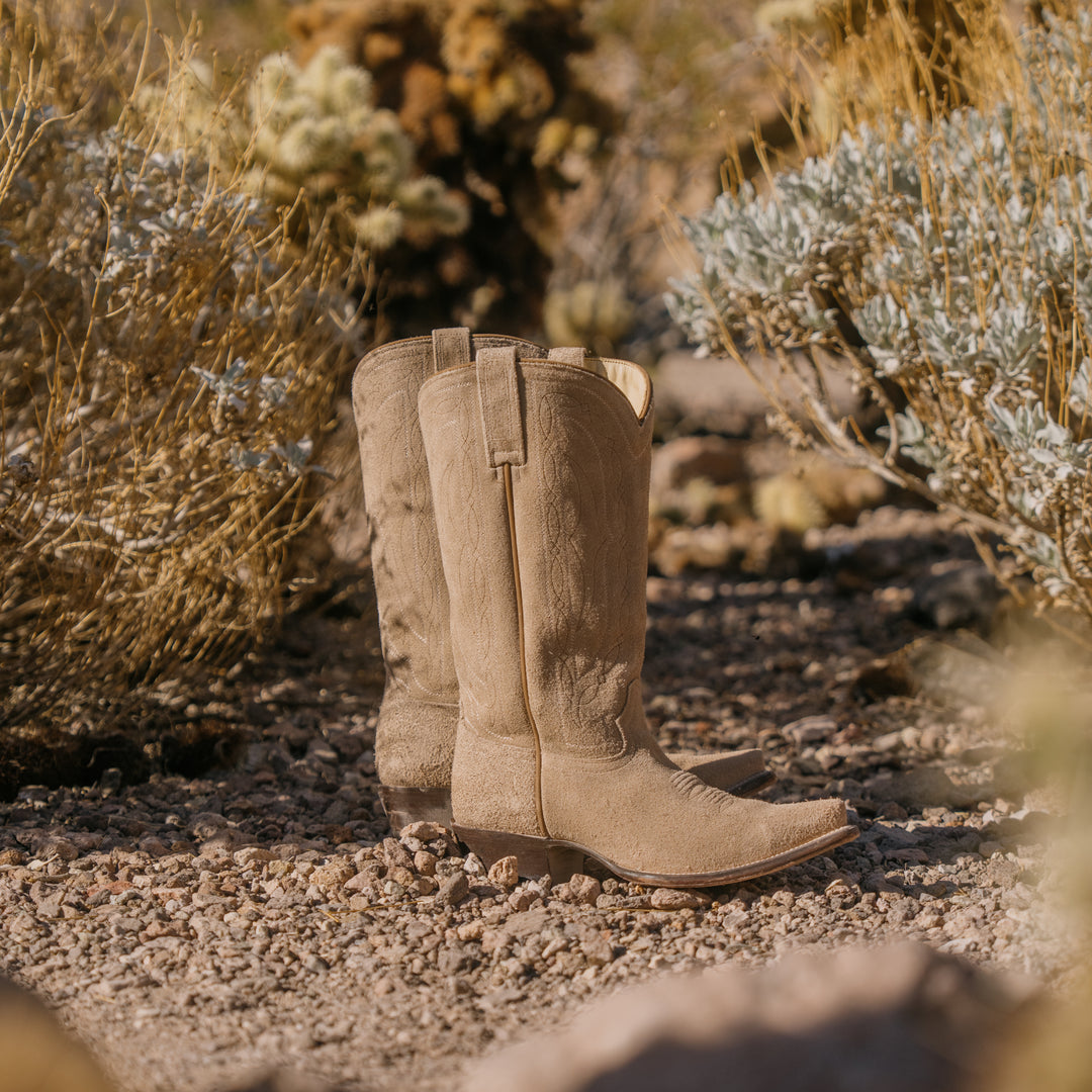 Pair of brown cowboy boots on a dirt path with desert plants in the background