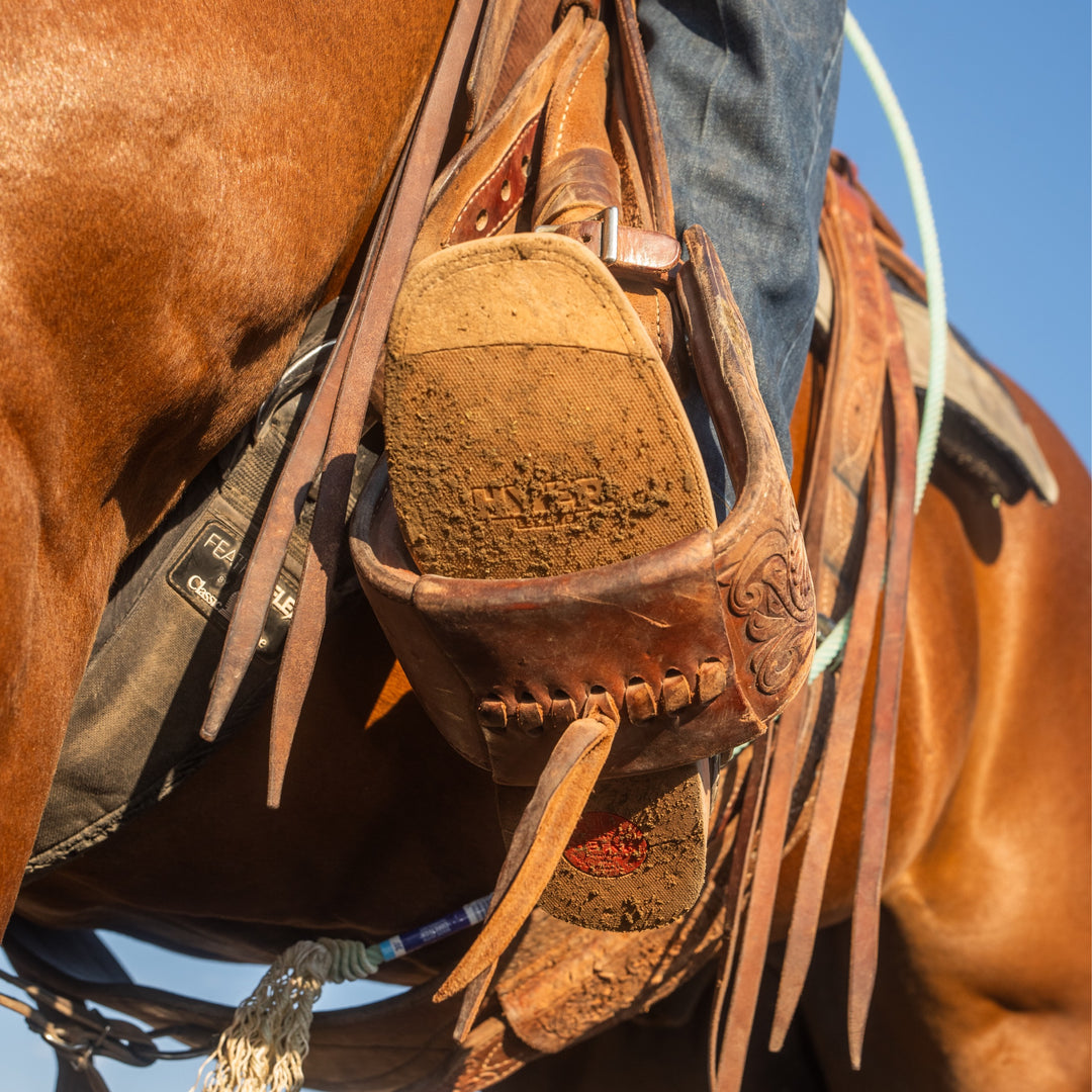 Close-up of a brown leather boot in a western saddle on a horse with a clear blue sky.
