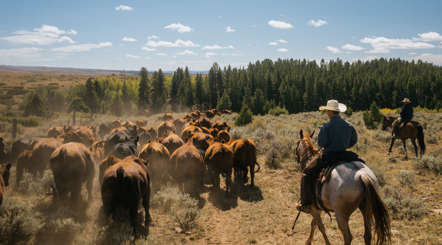 A wide outdoor ranch scene with a herd of cattle being herded across a dusty plain under a blue sky, with several riders on horseback visible in the foreground and background.