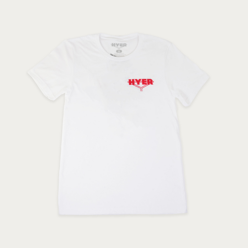 A white short-sleeve crewneck t-shirt with a red 'HYER' logo printed on the left chest, displayed flat against a light beige background.