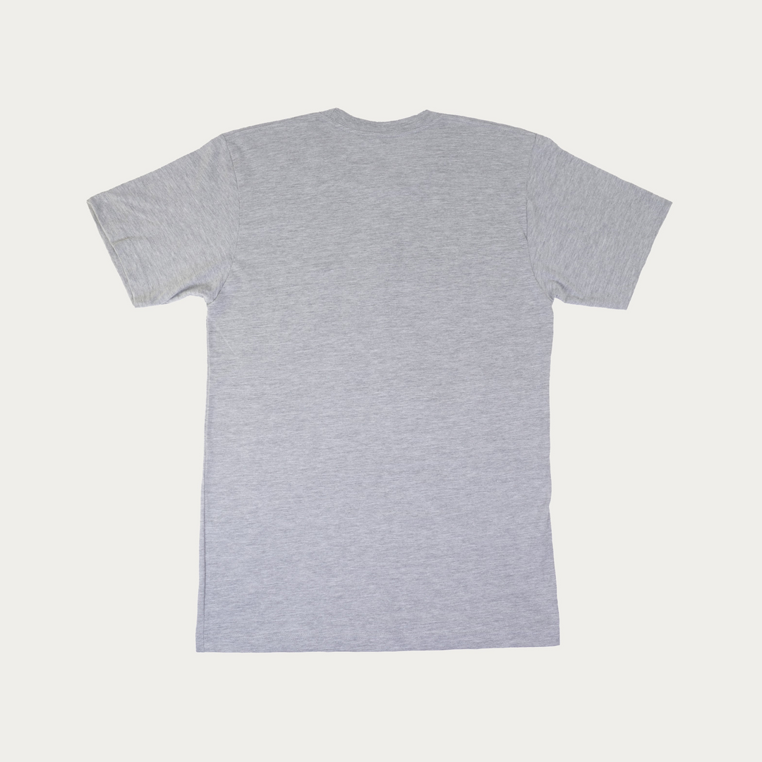 A light gray heather short-sleeve t-shirt shown from the back, laid flat against a light off-white background.