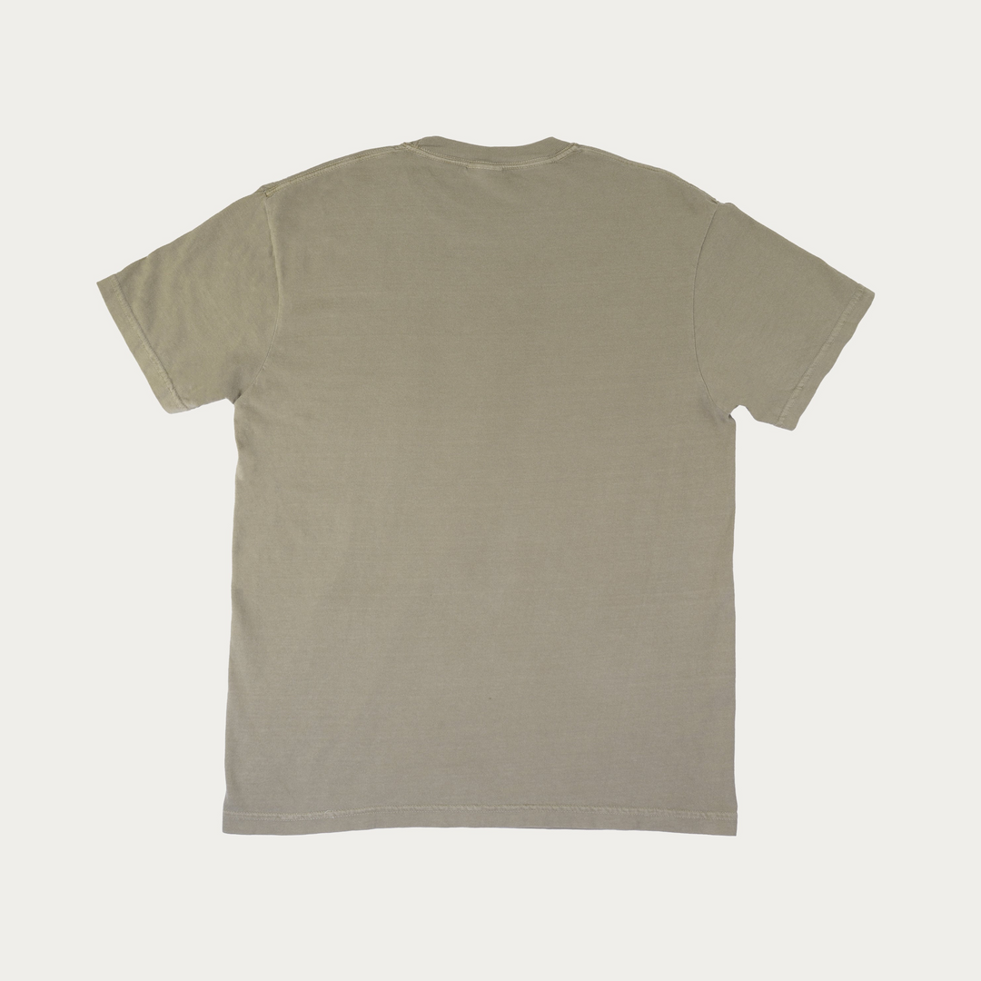 A plain short-sleeve crewneck t-shirt shown from the back, laid flat against a light off-white background.