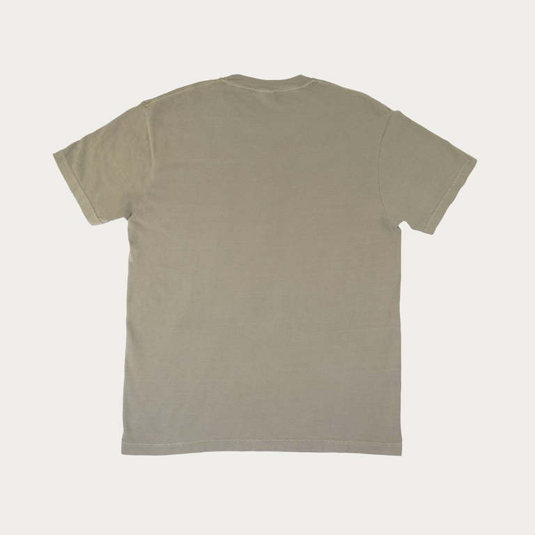 A plain short-sleeve crewneck t-shirt shown from the back, laid flat against a light off-white background.
