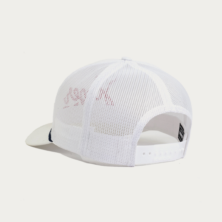 White trucker-style baseball cap shown from the back, featuring a white mesh back, and a curved brim.
