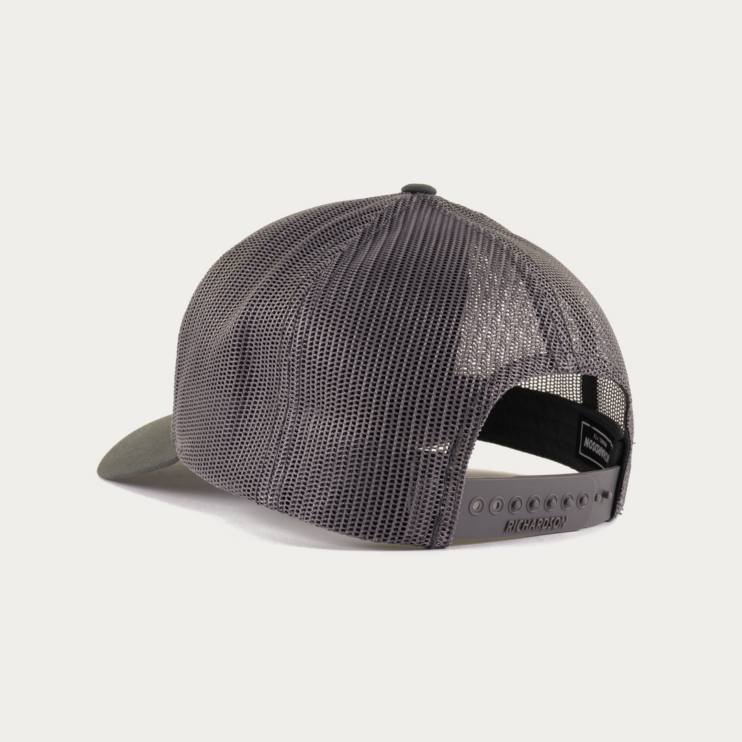 Trucker cap shown from the back, featuring a dark gray mesh back and a gray visor, on a light gray background.