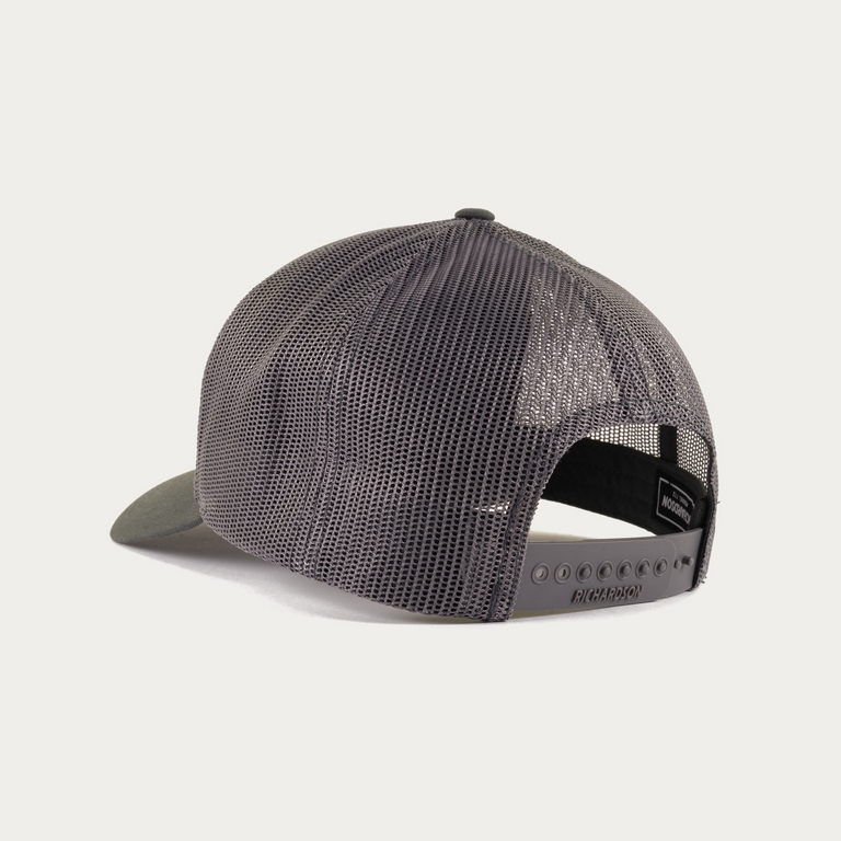 Trucker cap shown from the back, featuring a dark gray mesh back and a gray visor, on a light gray background.