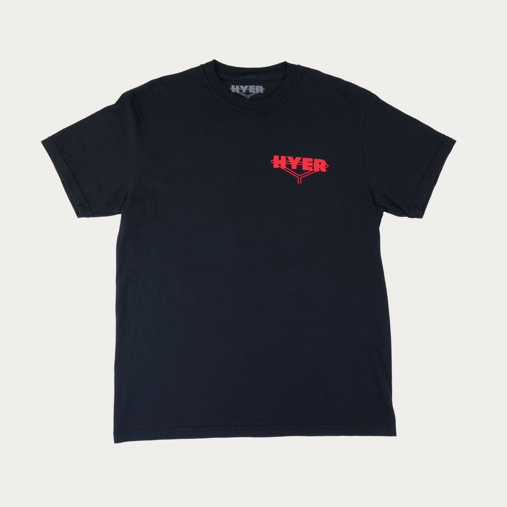A black short-sleeve crewneck t-shirt with a red 'HYER' logo printed on the left chest, displayed flat against a light gray background.