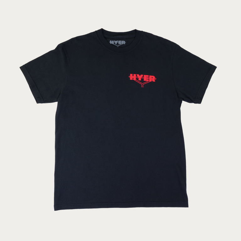 A black short-sleeve crewneck t-shirt with a red 'HYER' logo printed on the left chest, displayed flat against a light gray background.