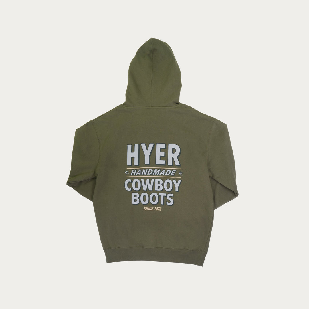 Green hoodie with 'HYER Handmade Cowboy Boots' text on a white background