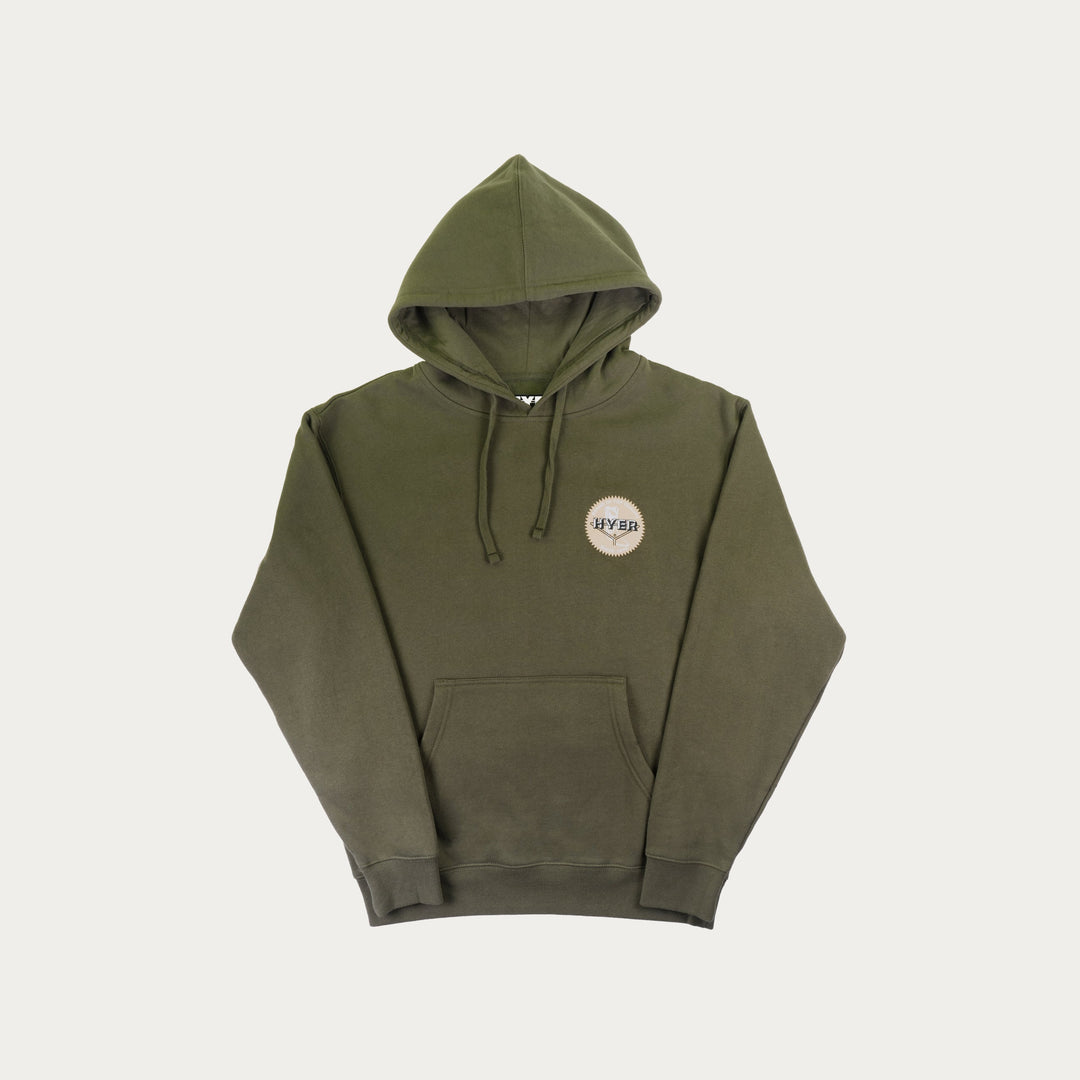 Green hoodie with a logo on a light gray background