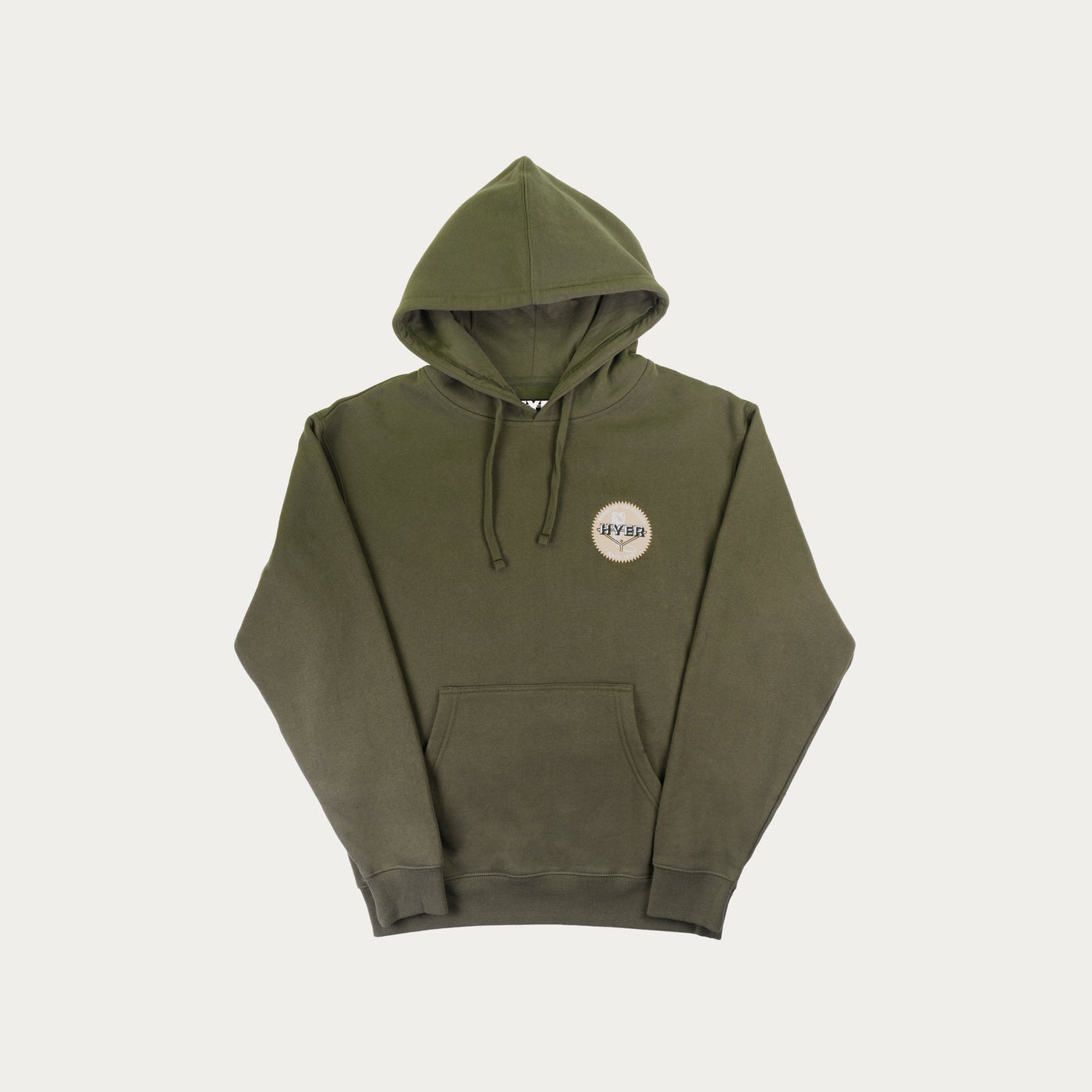 Green hoodie with a logo on a light gray background