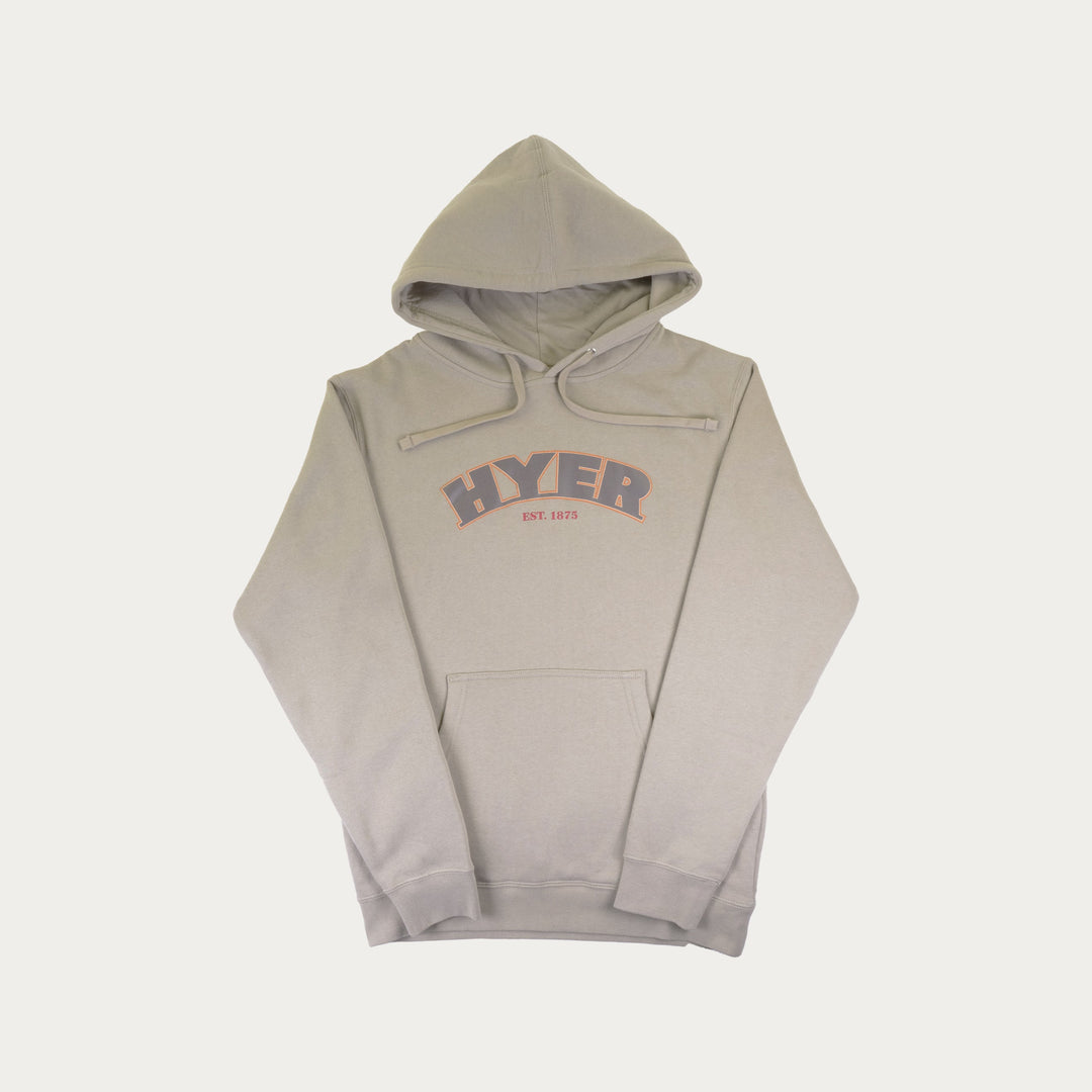 Beige hoodie with 'HYER' logo on a white background