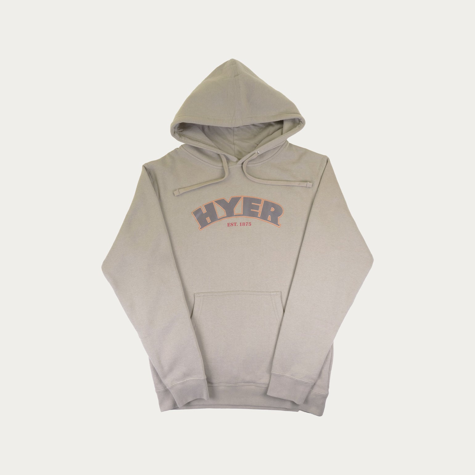 Beige hoodie with 'HYER' logo on a white background