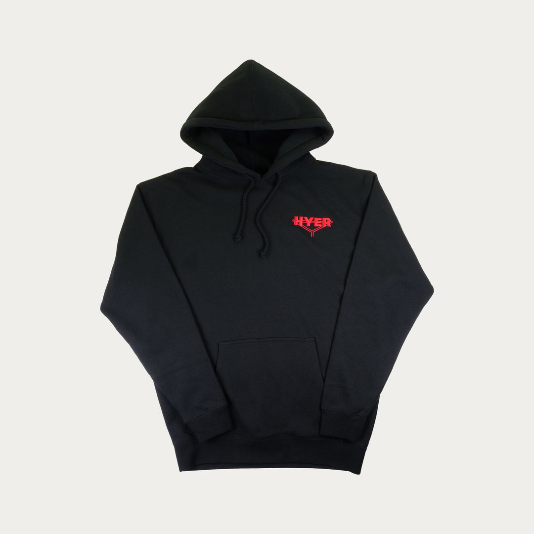 Black hoodie with red logo on a light gray background