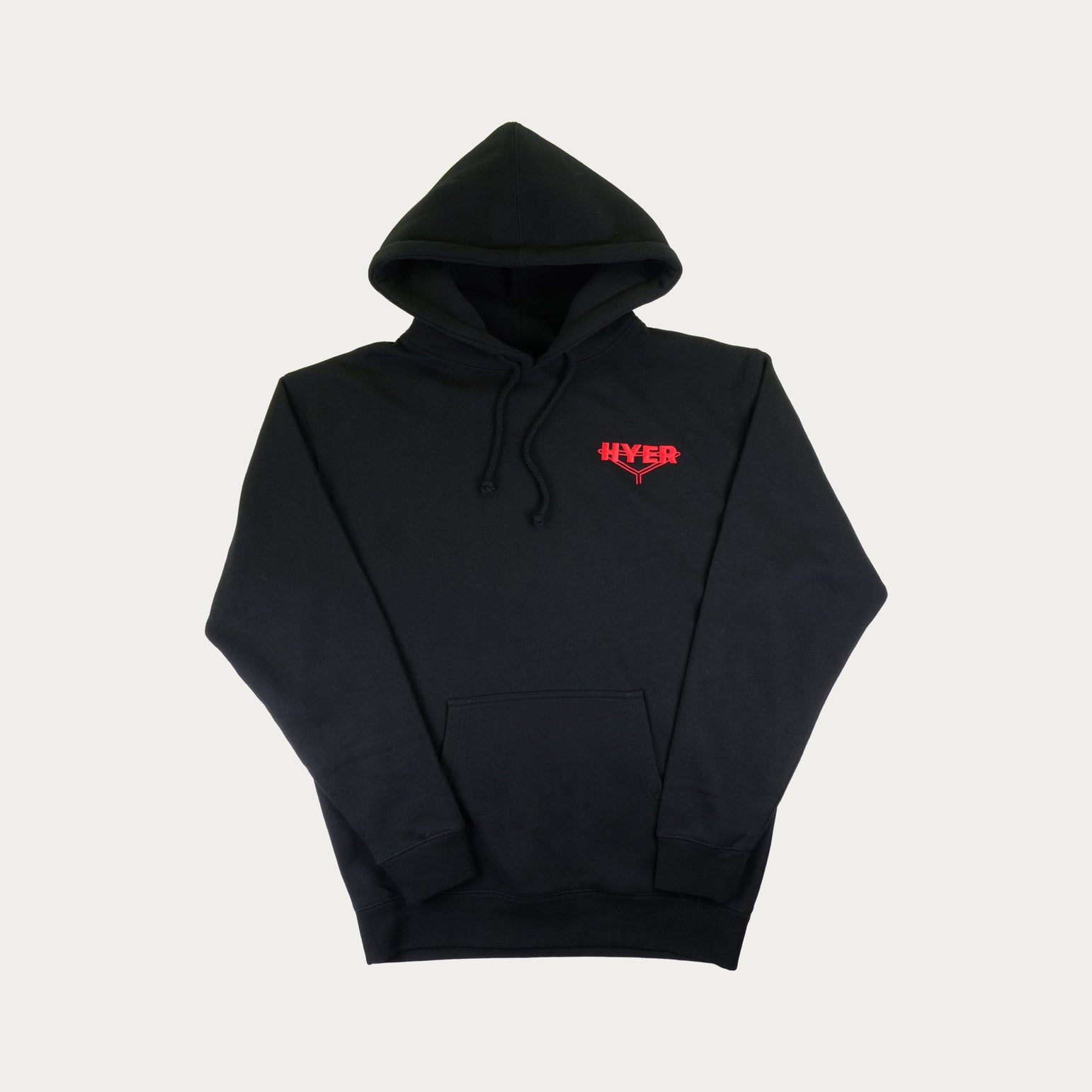 Black hoodie with red logo on a light gray background
