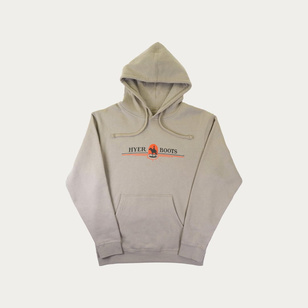 Beige hoodie with a logo on a white background