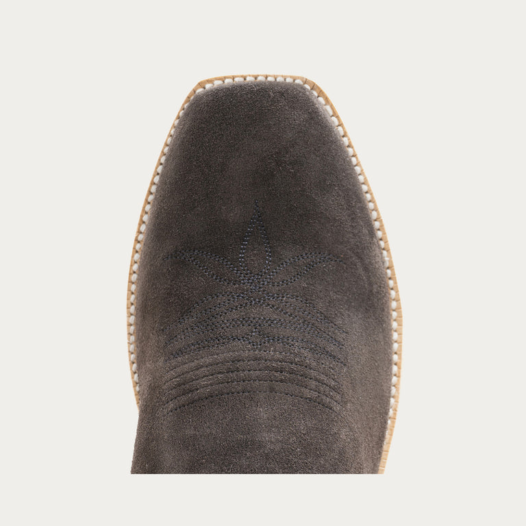 Close-up of a gray suede boot on a light gray background