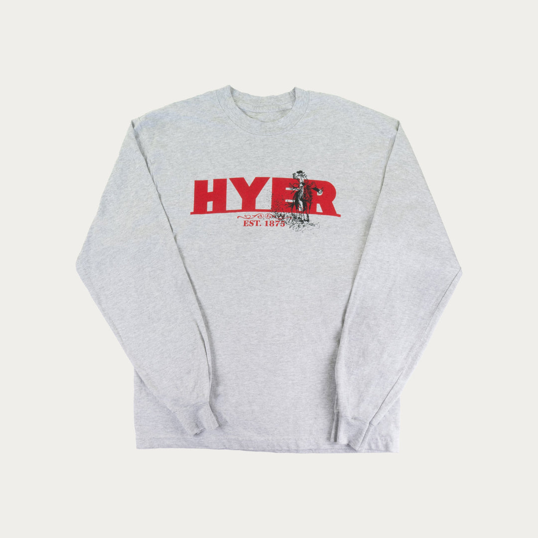 Gray sweatshirt with red and black logo on a white background