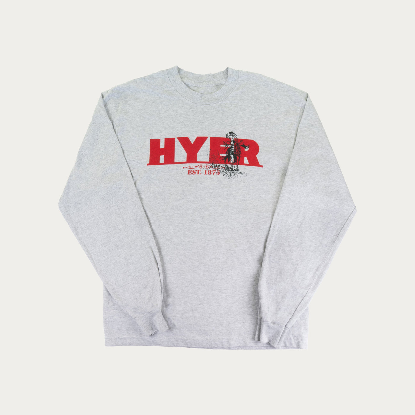 Gray sweatshirt with red and black logo on a white background