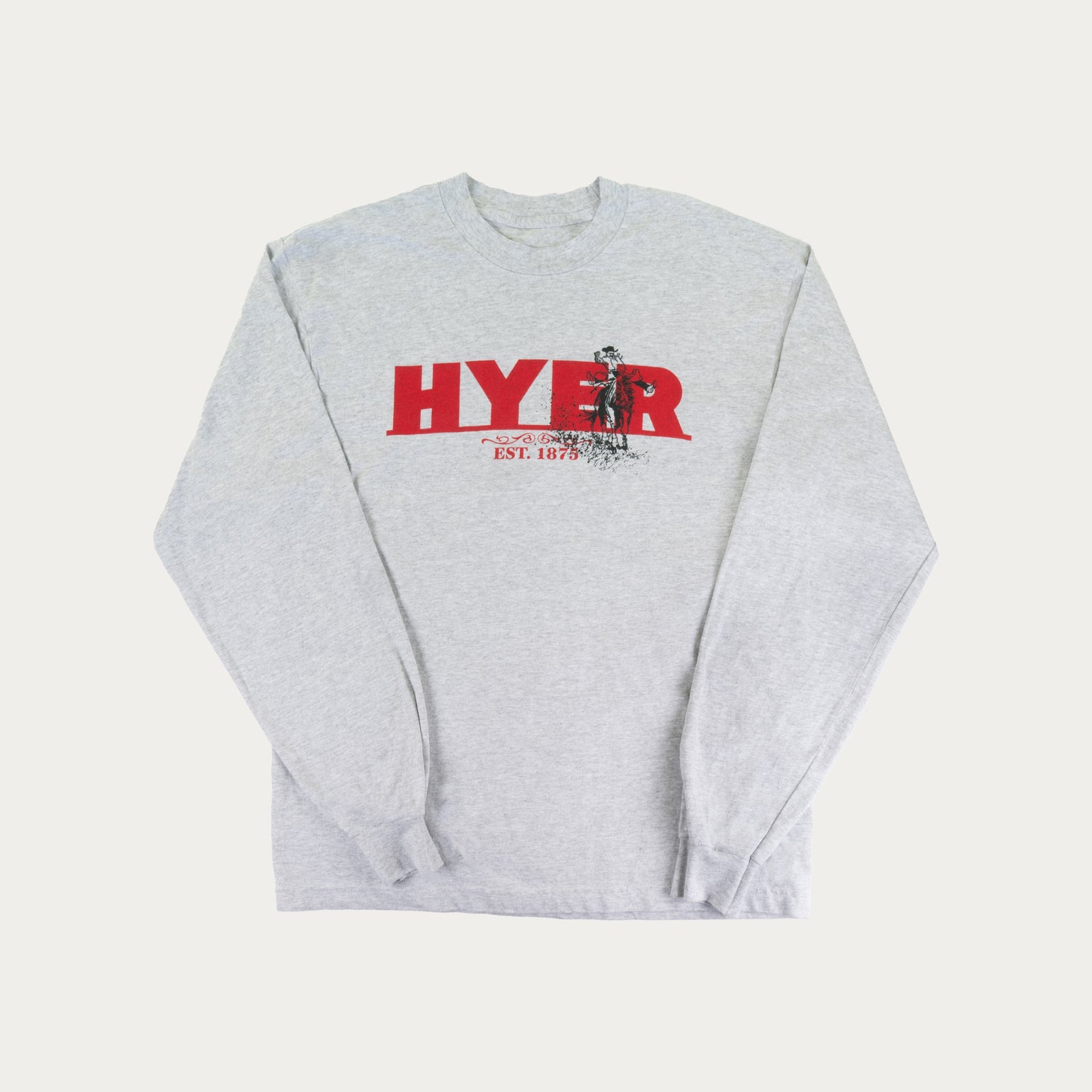 Gray sweatshirt with red and black logo on a white background