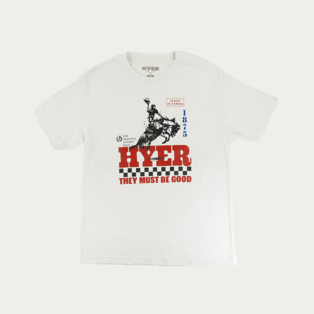 White t-shirt with graphic design and text on a white background