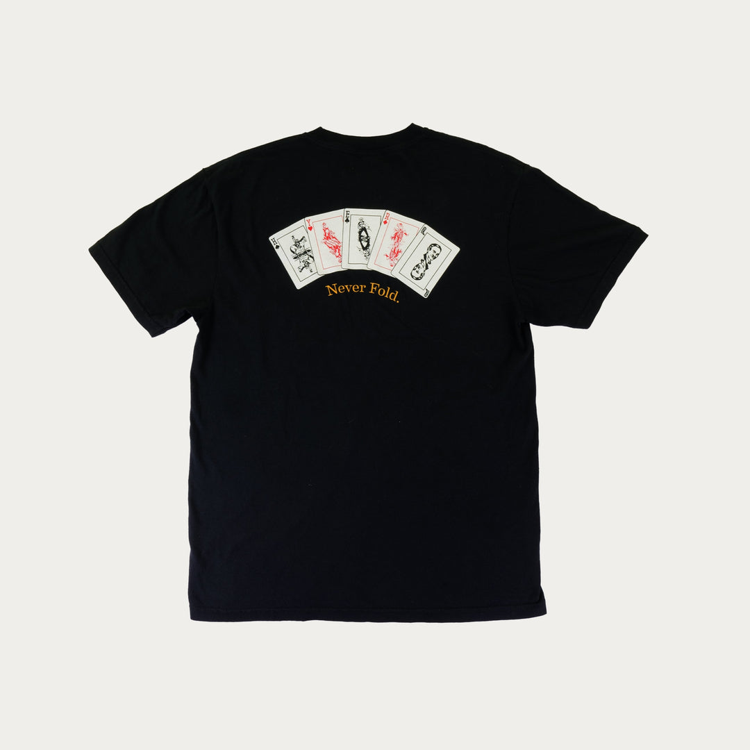 Black t-shirt with a graphic design on the back against a white background