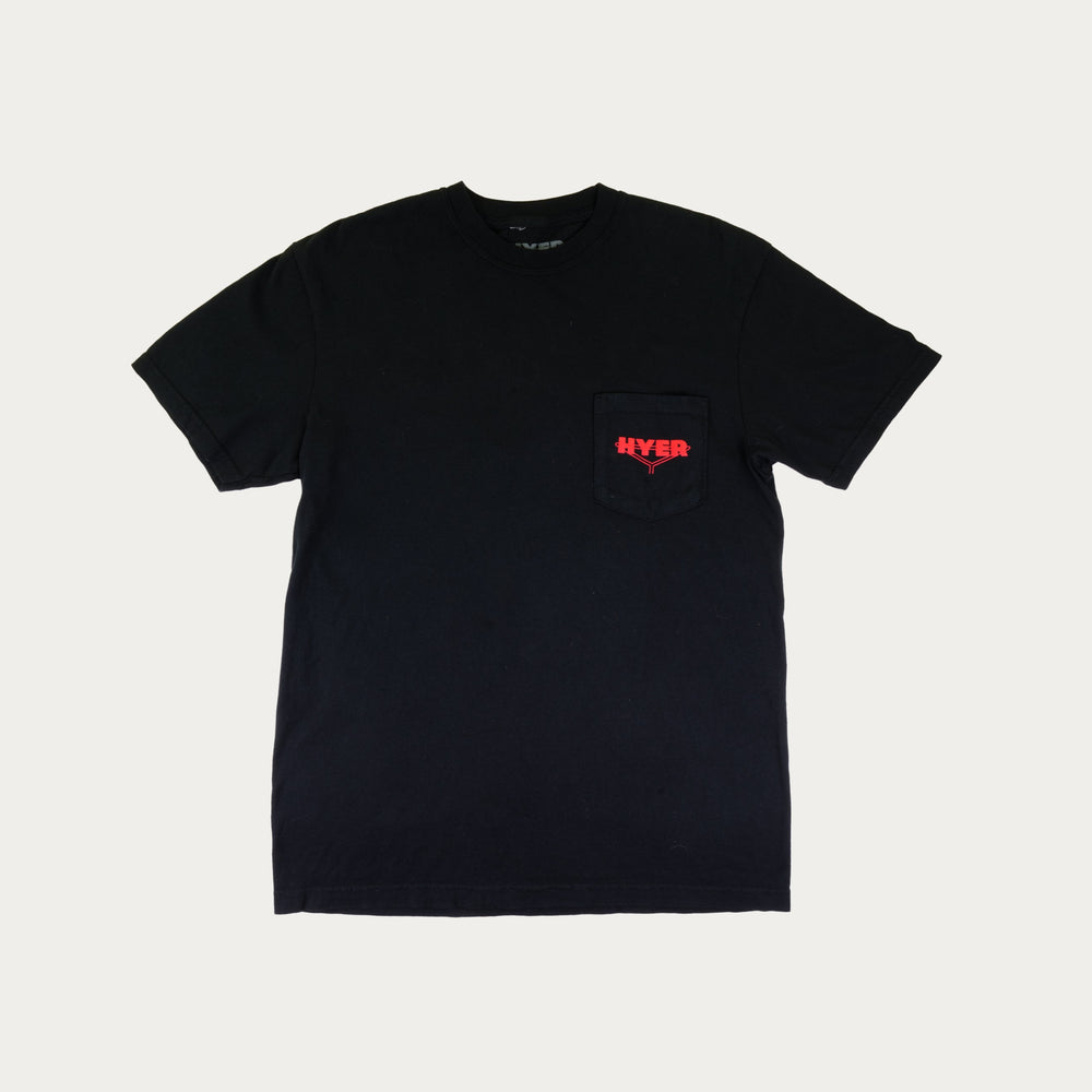 Black t-shirt with a red logo on the chest pocket against a light gray background
