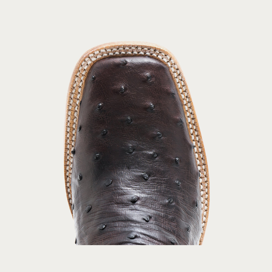 Close-up of a dark purple leather boot toe with full ostrich quill detailing on a light gray background