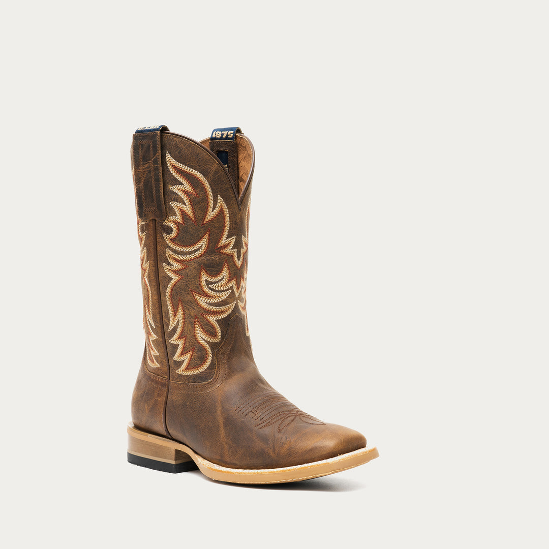 Brown cowboy boot with intricate stitching on a light gray background