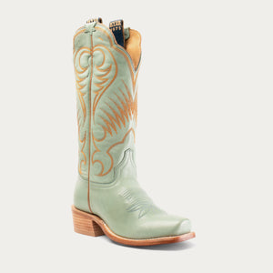 A light aqua blue cowgirl boot with intricate embroidery and a square toe.