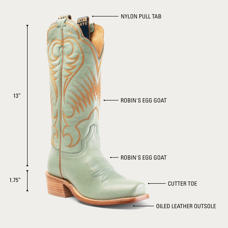 Details chart of Leawood cowgirl boot in robin's egg blue showing specs and details of construction