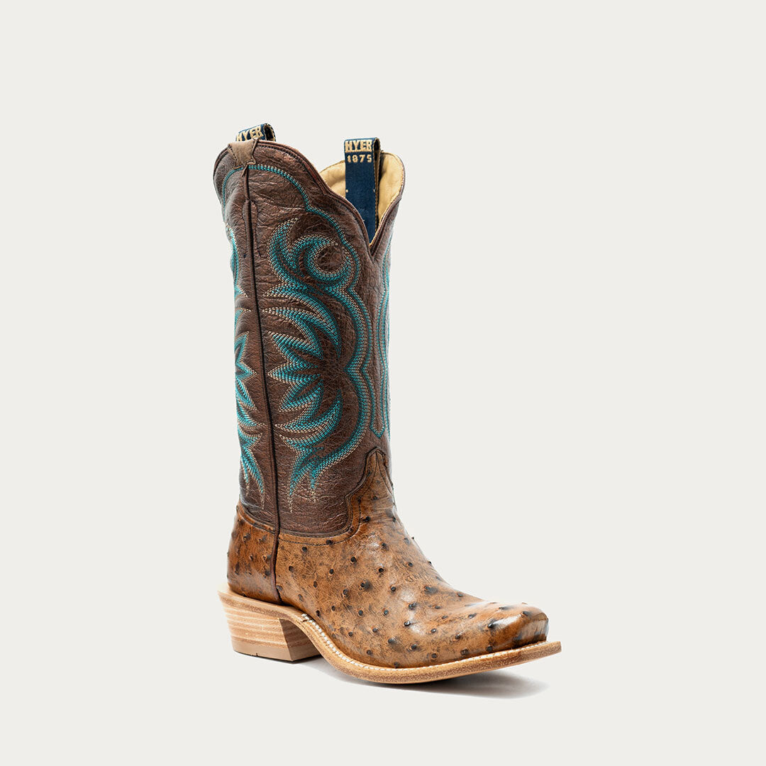 Cowboy boot with a brown full quill ostrich vamp and metallic brown shaft with teal stitching on an off-white background