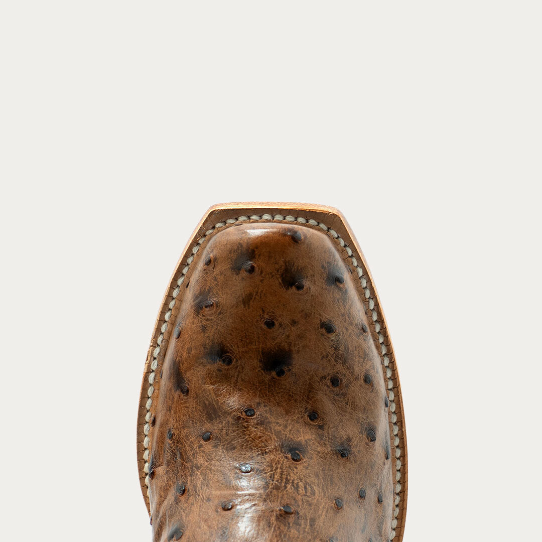Close-up of the pointed toe of a brown ostrich-textured leather boot on a light off-white background.