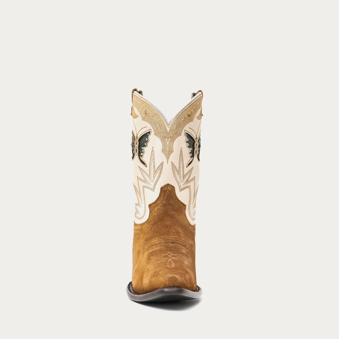 Brown and white cowboy boot with intricate stitching details and butterfly inlays on a light gray background