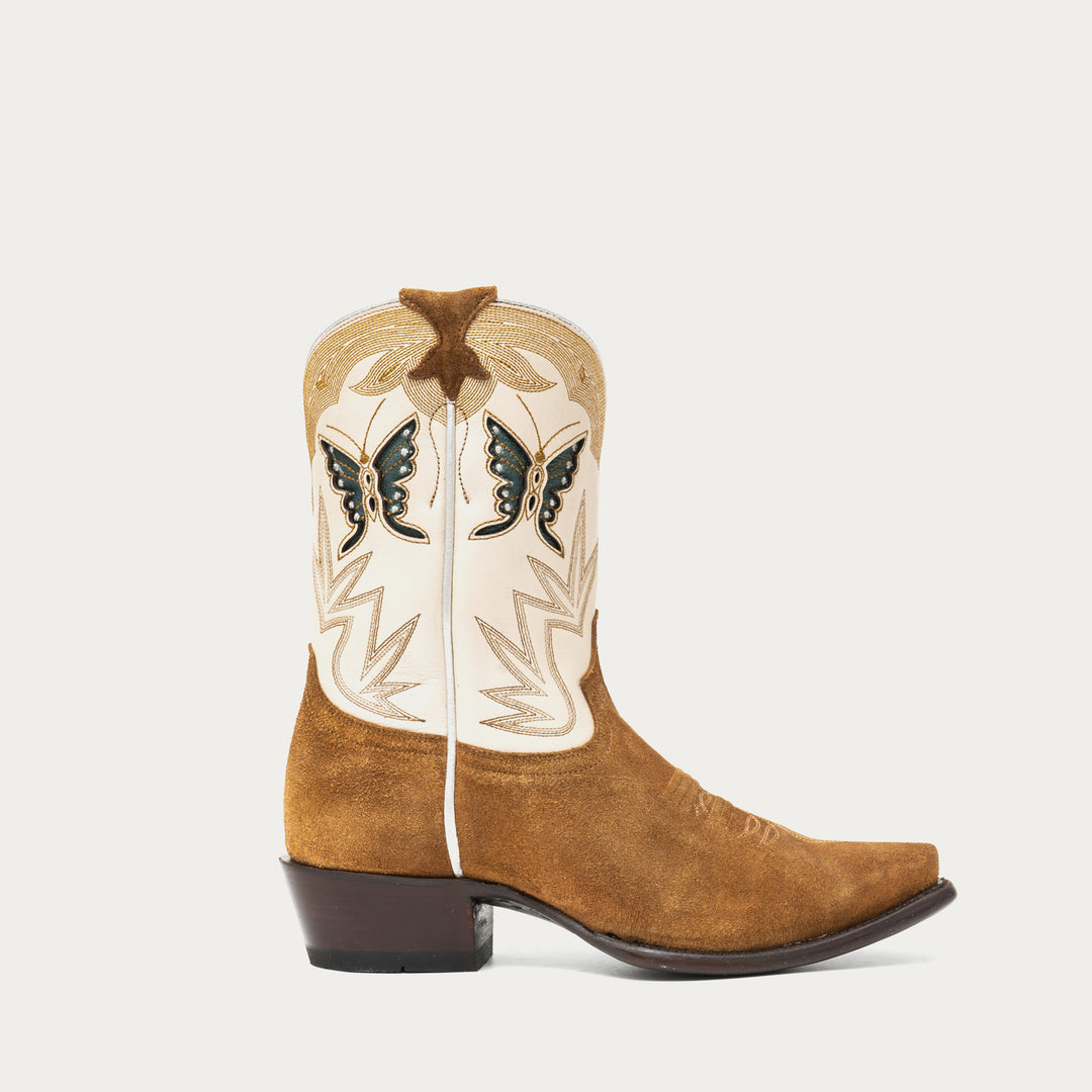 Brown and white cowboy boot with intricate stitching details and butterfly inlays on a light gray background