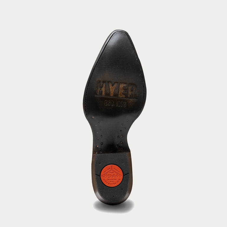Close-up of a black leather shoe sole with 'Hyer' branding on a light gray background