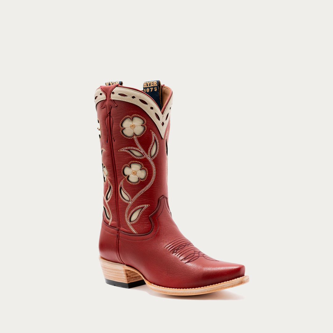 Red cowboy boot with floral embroidery on a white background