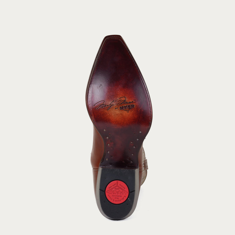 Brown leather sole of cowboy boot with "Marilyn Monroe by HYER" stamped on sole on a light gray background