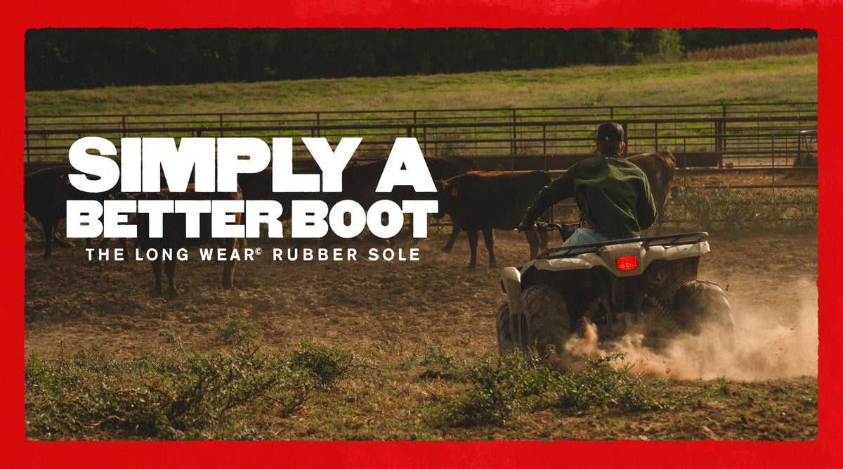 A promotional outdoor photo shows a person riding an ATV in a dusty paddock with cows in the background. Large white text across the left reads “SIMPLY A BETTER BOOT” with smaller text below, and the scene is framed by a bold red border.