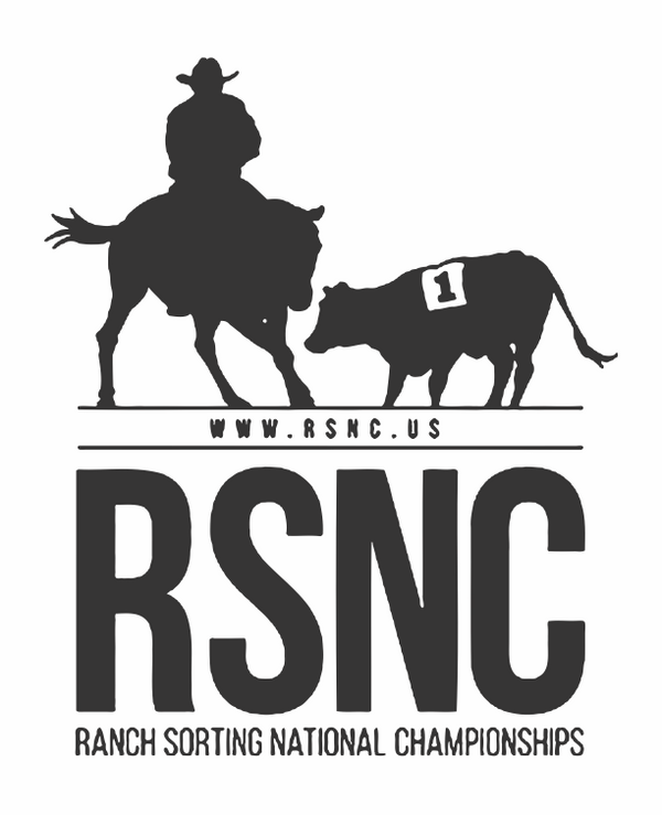 RSNC Ranch Sorting National Championships logo featuring a black silhouette of a cowboy on a horse chasing a calf with the number 1 on its back, above the text 'WWW.RSNC.
