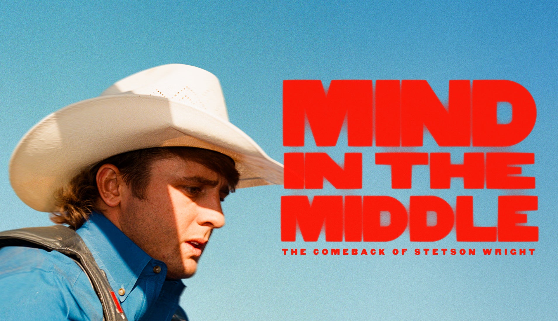 Promotional poster-style image for 'Mind in the Middle' showing a man in profile wearing a straw cowboy hat and blue shirt against a clear blue sky, with large red title text on the right.