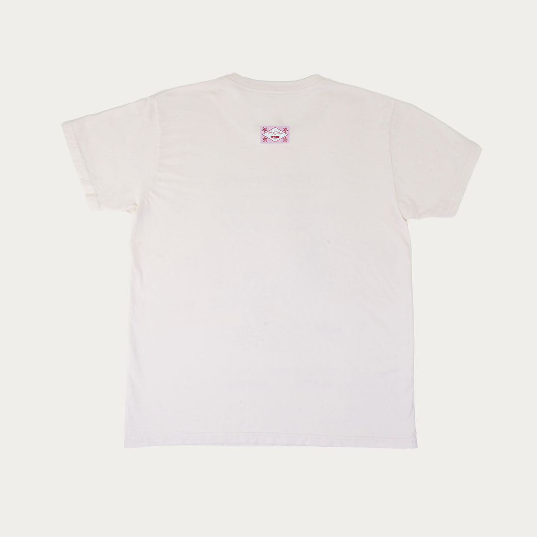 Back of white short sleeve t-shirt with Marilyn Monroe x Hyer logo on upper back