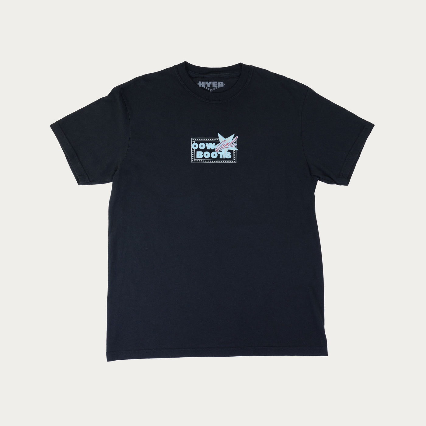 Black short sleeve crew neck t-shirt with blue and red graphic print and the text "Cowgirl Boots" 