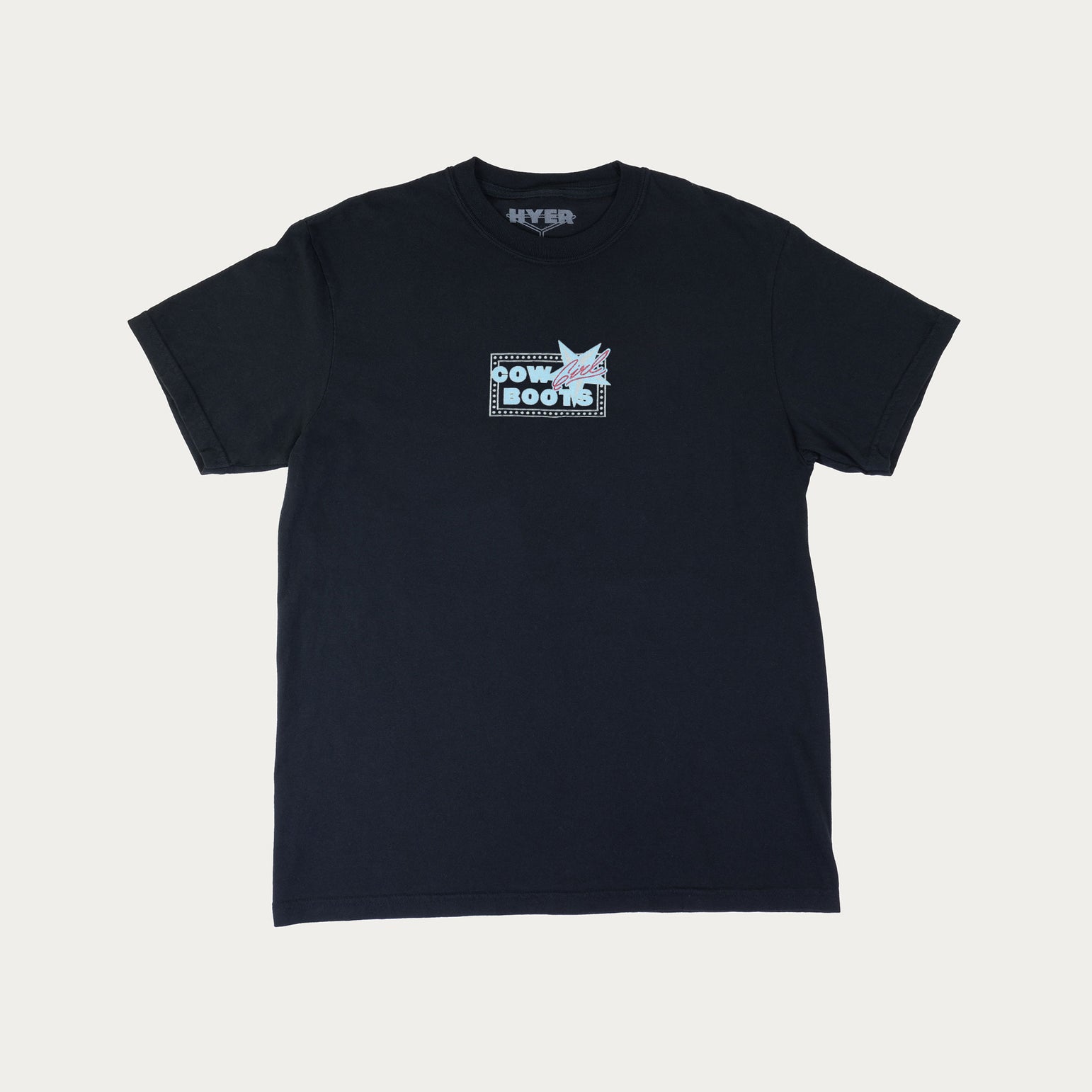 Black short sleeve crew neck t-shirt with blue and red graphic print and the text "Cowgirl Boots" 