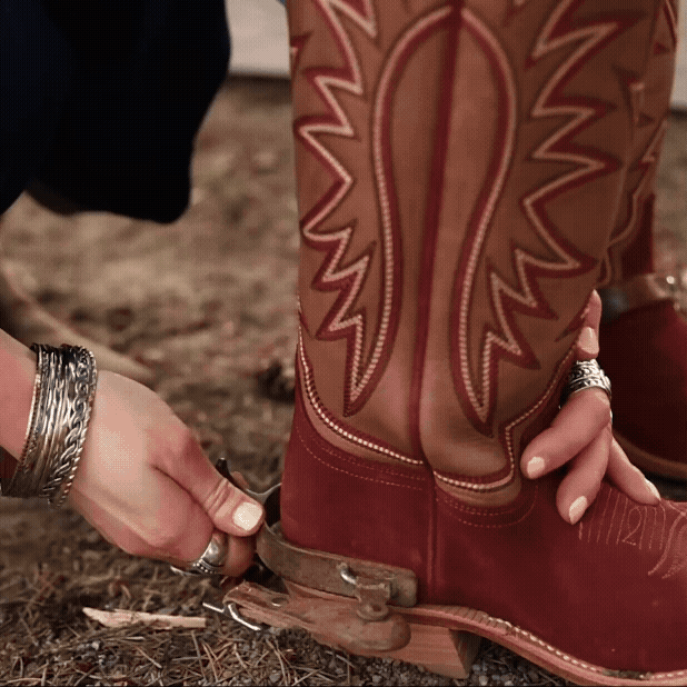 Gif of woman handling tan and burgundy cowboy boot in different settings
