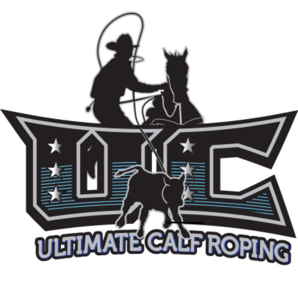 A black, white, and blue graphic logo for Ultimate Calf Roping, featuring a silhouette of a cowboy on horseback with a lasso and a calf, set against large stylized letters and the text 'ULTIMATE CALF ROPING'.