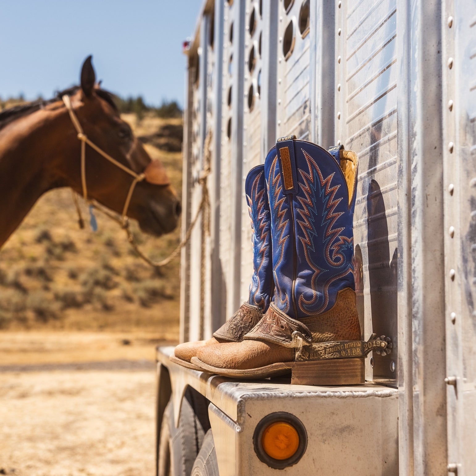 A pair of cowboy boots with blue and tan western embroidery sits on the step of a silver horse trailer, with a brown horse visible in the blurred background outdoors.
